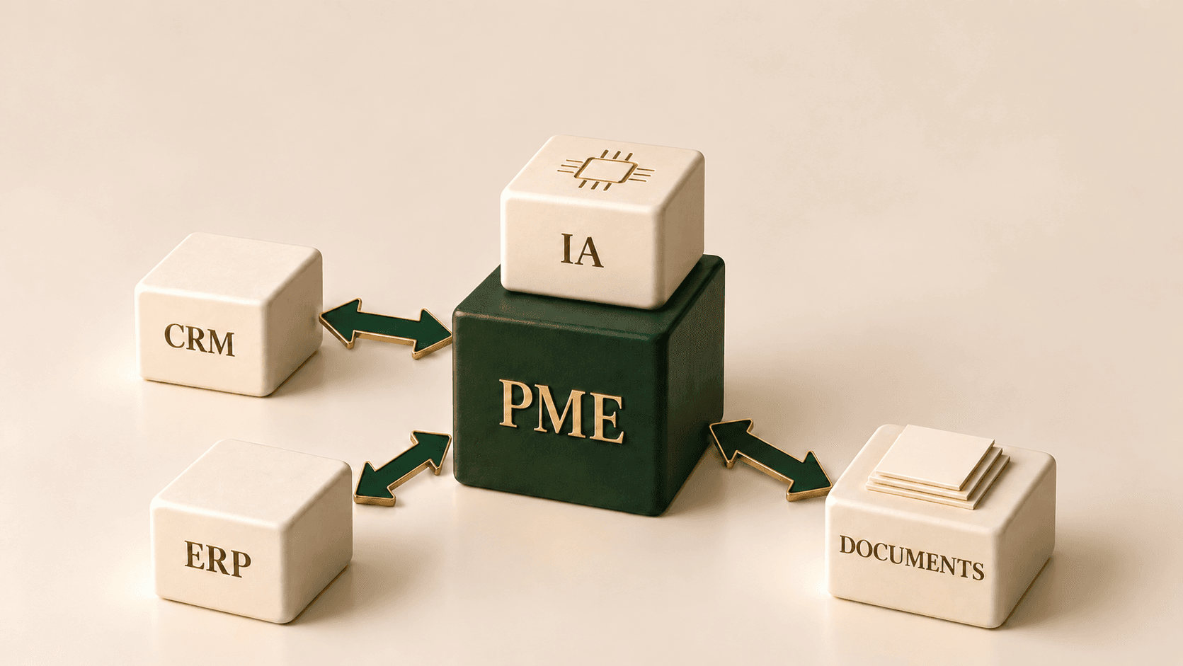 Un bloc IA posé sur un bloc PME, relié par des flèches à un CRM, un ERP et des documents.