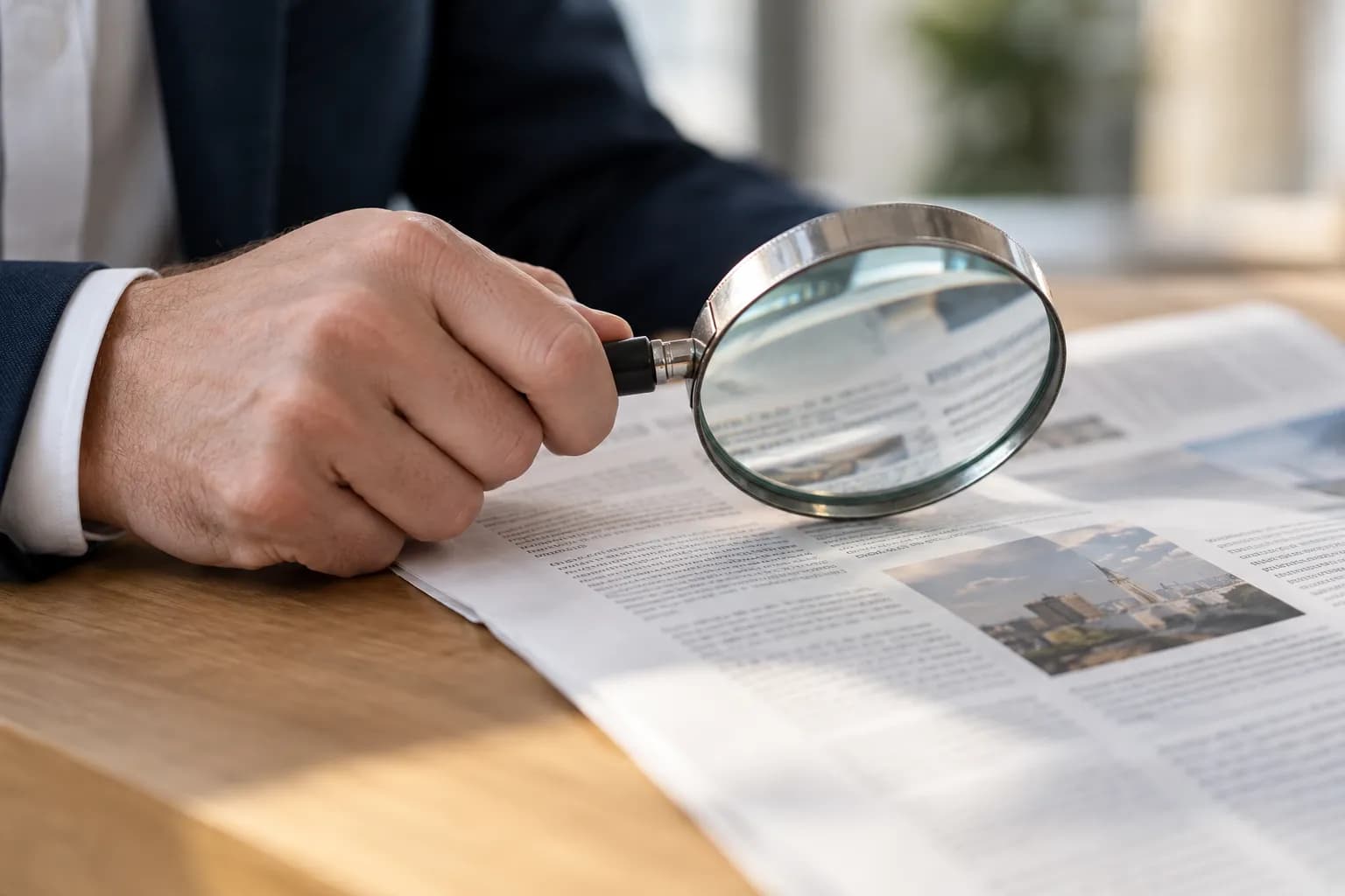 Professionnel analysant un contenu à l’aide d’une loupe